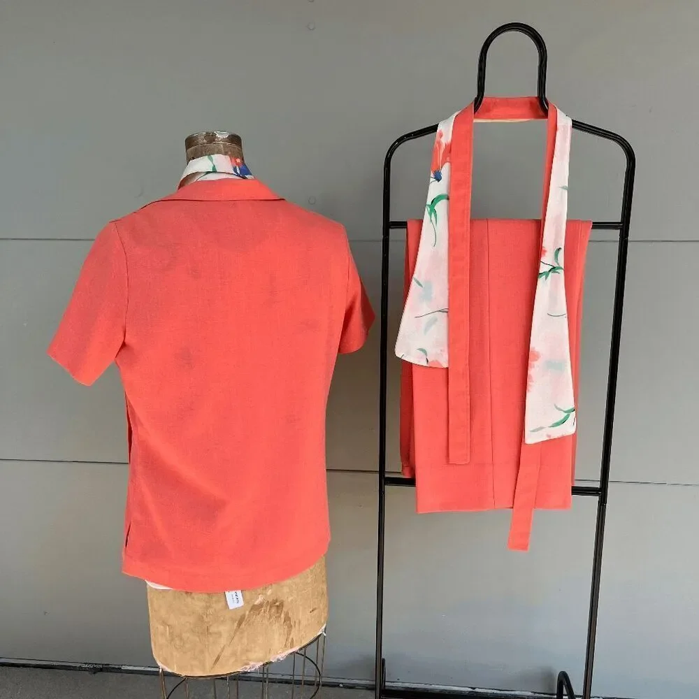 VTG 70s Coral Pant Suit Set Wide Leg Disco Cruise Outfit Theme XL